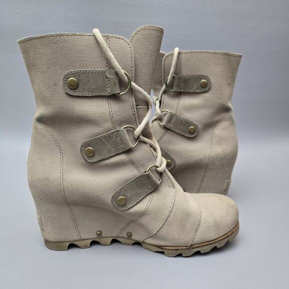 Sorel Joan of Arctic Wedge II Linen Soft Taupe Leather Mid Ankle Booties Size 8 - Picture 3 of 16